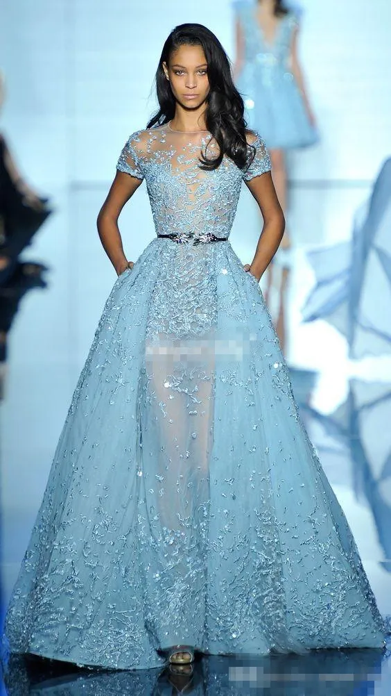 Zuhair Murad 2019 Sky Blue Lace Formal Celebrity Evening Dresses