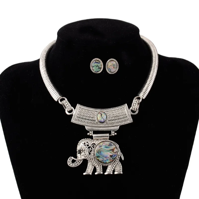 Damska Vintage Etniczne Boho Plemienna Sowa Słoń Zestaw Biżuterii Retro Antyczne Silver Choker Naszyjnik Moment Kolczyki Biżuteria Zestawy Hurtownie