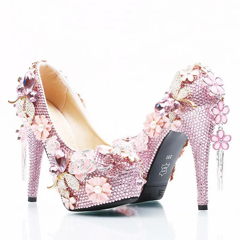 Luxurious Pink Rhinestone Wedding Shoes Bridal High Heels Platforms Crystal Cinderella Prom Party Pumps Plus Size Women Pumps