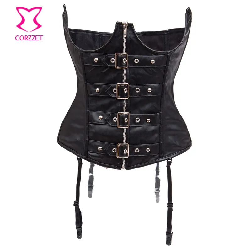 Womens Black Leather Waist Trainer Corset With Suspenders, Latex
