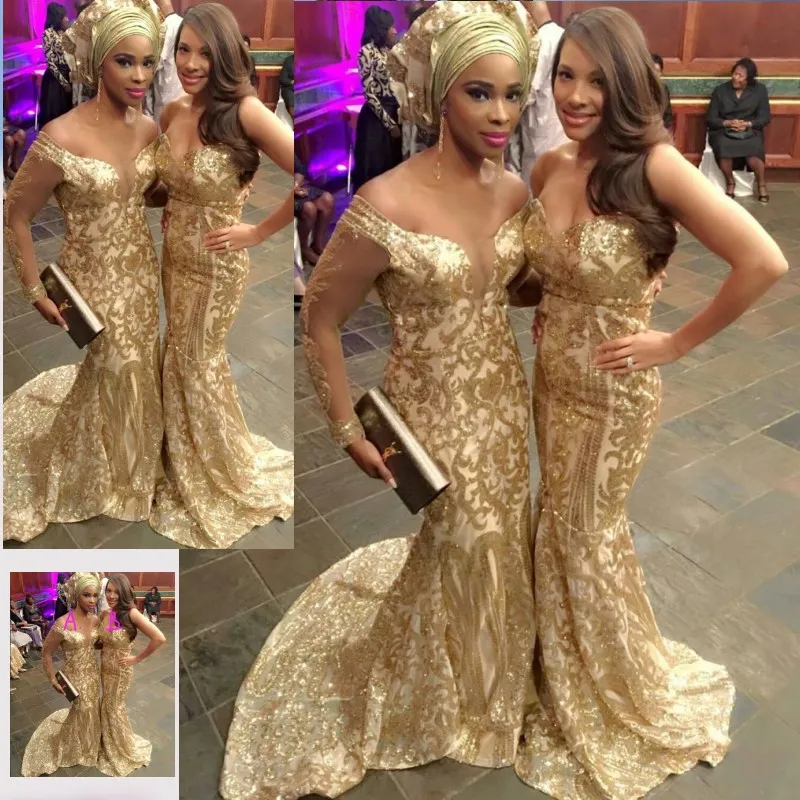 Oszałamiające złote cekiny Sukienka 2017 Moda Aso-Ebi Style Seksowna Długa Długa Sukienka Custom Made Mermaid Uroczy Celebrity Party Dresses