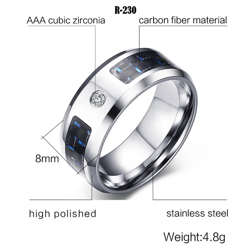 316L Stainless Steel Mäns 8mm Bröllopsband Förlovningsring med svart kolfibernica Cubic Zirconia