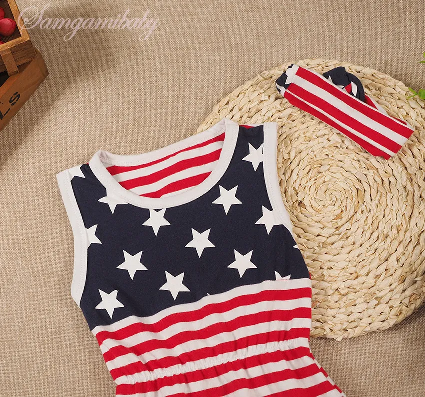 Amerika Vlag Baby Rompertjes Sterren Gedrukt Pasgeboren Baby's One-Pieces Kleding met Hoofdband 2 stks Kleding Set Kids Peuter Jumpsuit