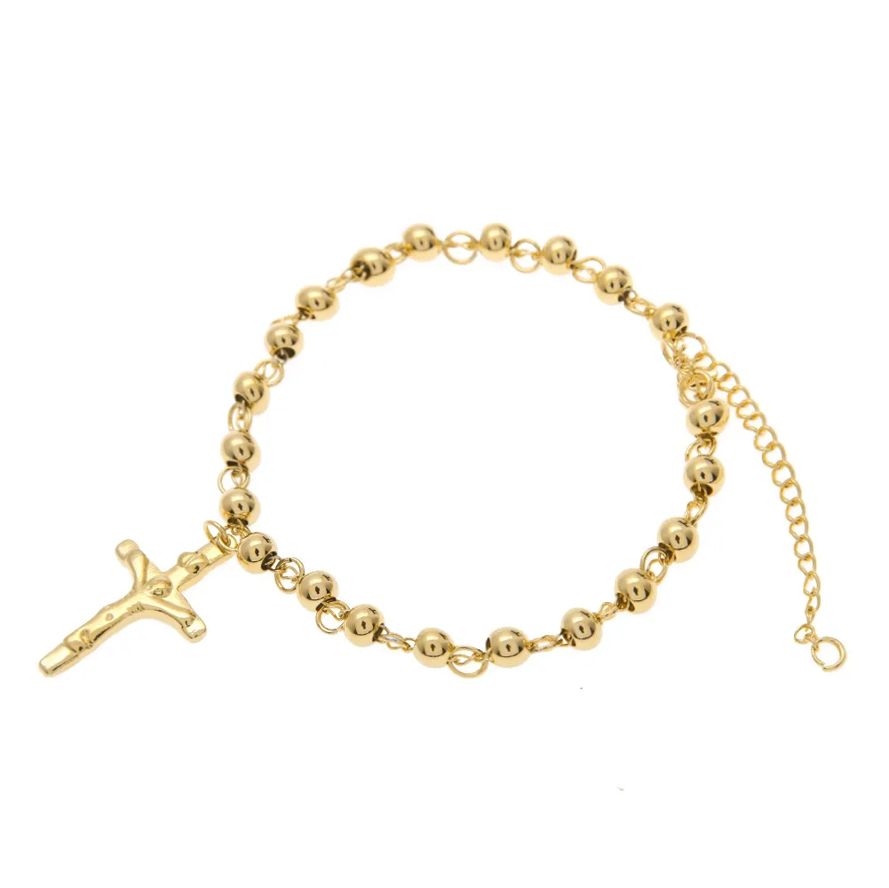 Unisex 14k guldpläterad rosary bead armband rostfritt stål kors med jesus charm hängande länk kedja religion kvinnlig pulseira