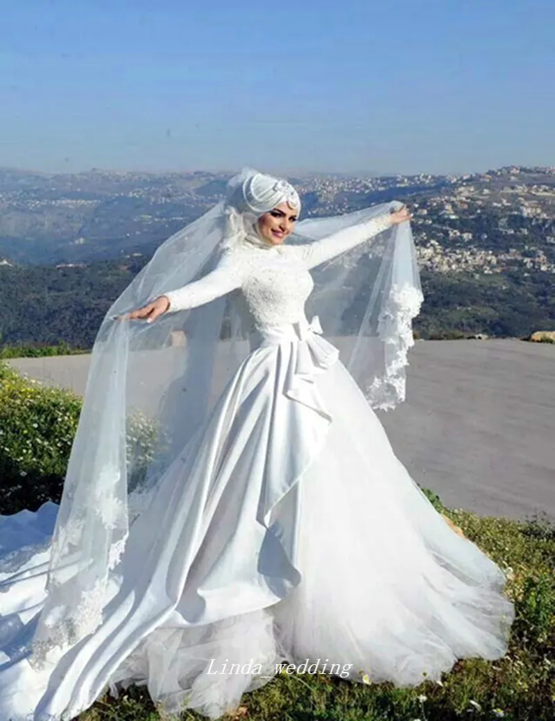 Vestido de novia de manga larga musulmán árabe elegante de alta calidad, vestido de novia de encaje con apliques islámicos turcos para mujer, vestido de fiesta nupcial de talla grande