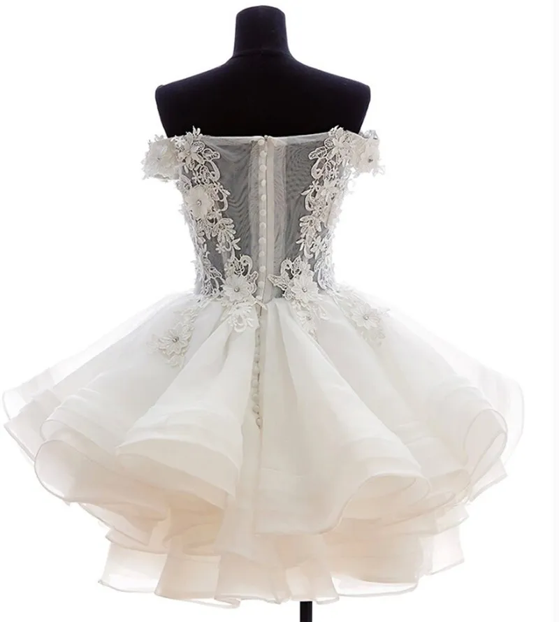 Off Shoulder Ball Gown Bröllopsklänningar 2022 Korta Sexiga Brudklänningar Puffy Tulle Party Organza Brudklänningar Tillbaka Zipper och Knapp Anpassad