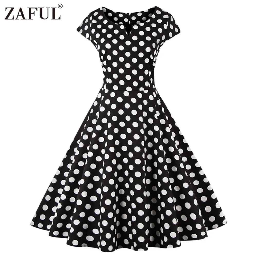 Atacado- Zaful Novas Mulheres Vestido Vintage Preto Polk Dot Retro 50s Hepburn Manga Curta Bola Vestido Plus Size Party Vestidos Feminino Vestidos