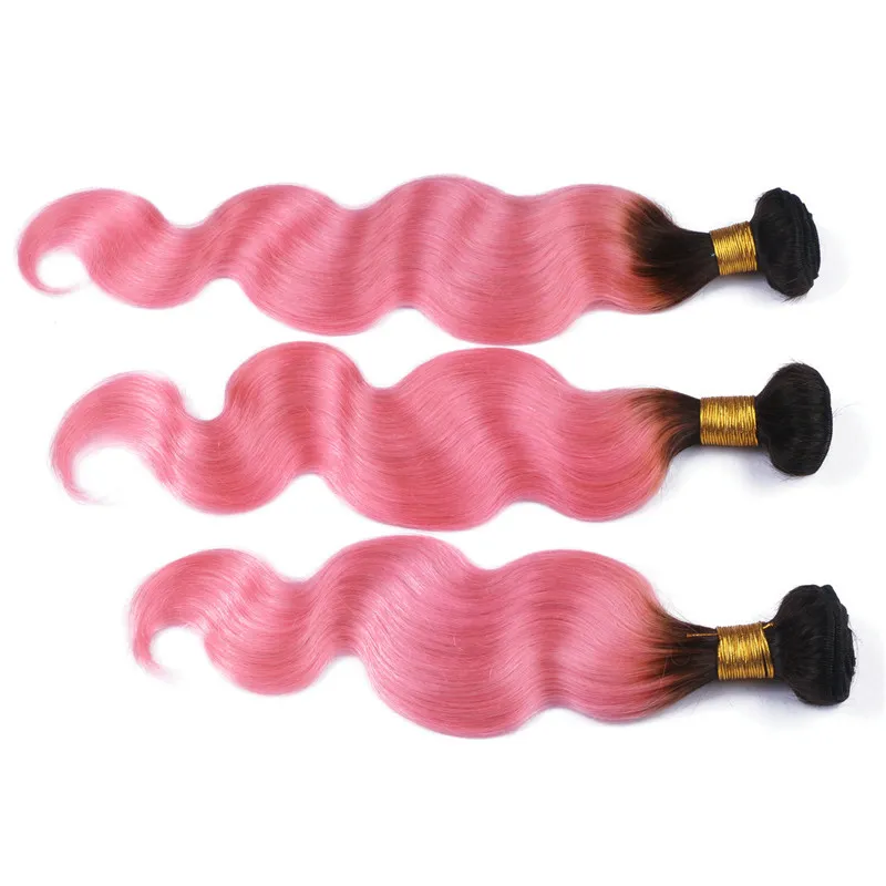 Capelli vergini brasiliani rosa ombre tesse onda del corpo 3 pezzi radice scura 1b / rosa 2 toni ombre fasci di capelli umani vergini remy corpo ondulato