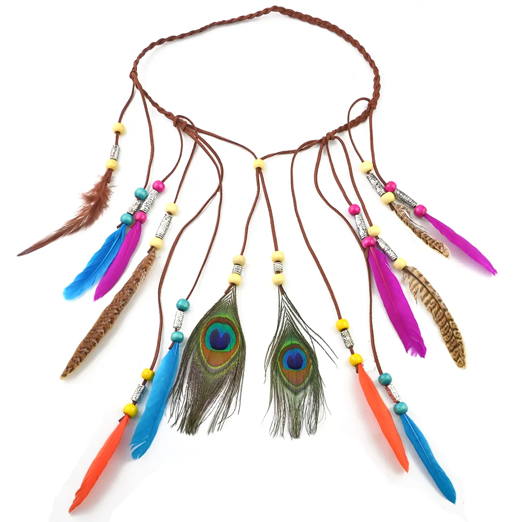 Handmade Ethnic Tribal Gypsy Turkish Rope Wood Beads Feather Hairband Hair Clip Hair Jewelry For Women & Girls Jewelry
