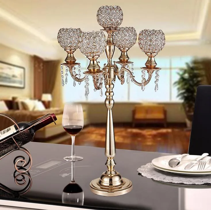 10 sztuk Złoty Srebrny Kolor 5 Arms Crystal Candelabra Tabela Centerpieces Świecznik Świecznik Do Wesele Dekoracji Home Decor Candle Holder