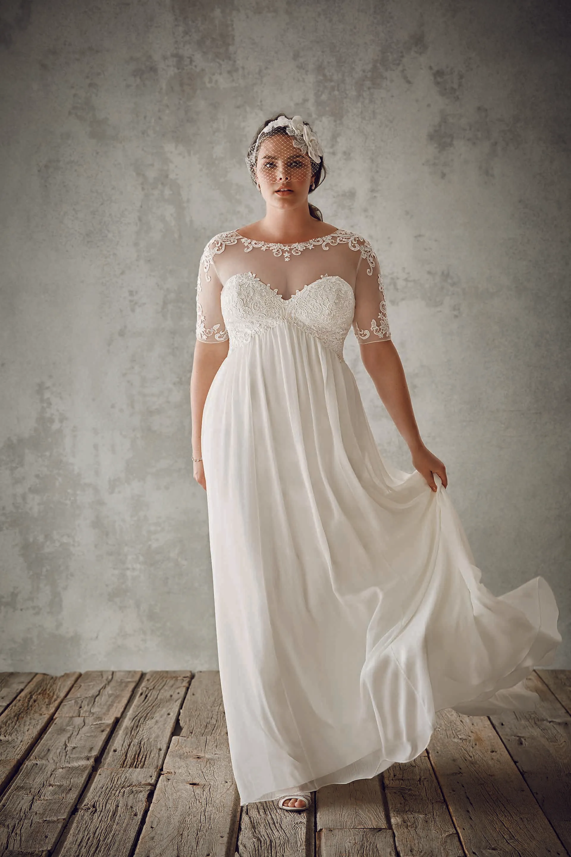 Empire Waist Plus Size Beach Wedding maternity photoshoot dress with Sheer Jewel Neckline, Half Sleeves, Lace Applique, and Chiffon Fabric