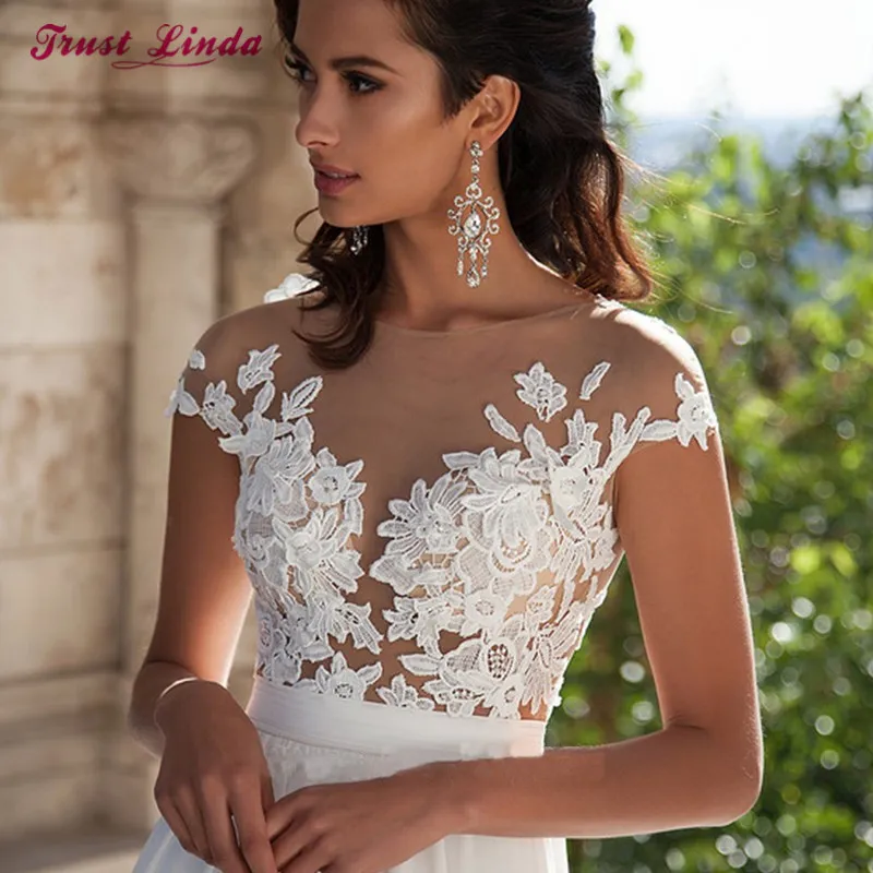 Sexy Mousseline De Soie Dentelle Appliques A-ligne Robes De Mariée Plus La Taille Robes De Mariée De Mariée Pays Western Plage Robe De Mariée robe de mariage