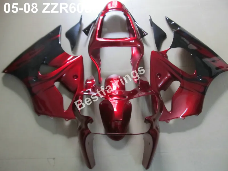 Gratis Anpassa Bodywork Fairing Kit för Kawasaki Ninja ZZR600 05 06 07 08 Vin Röd Svart Insprutning Mögel Fairings Set ZZX600 2005-2008 ZV19