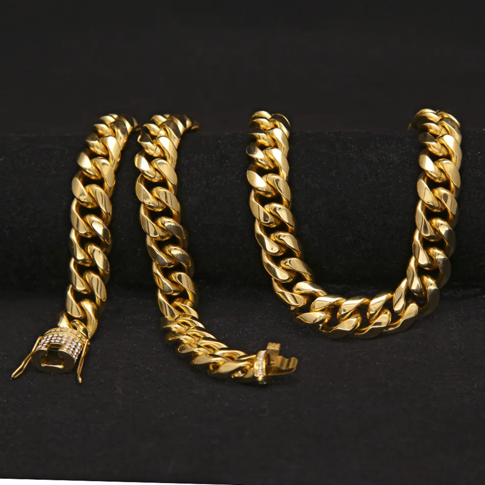 14mm 18-30Inches Mens Cuban Miami Link Naszyjnik ze stali nierdzewnej CZ CZASED Out Out Gold Hip Hop Chain Naszyjnik