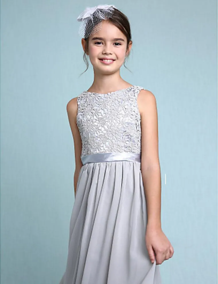 Bateau A-line Floor-length Chiffon Lace Junior Bridesmaid Dress For Kids Wedding Girls Christmas Dresses