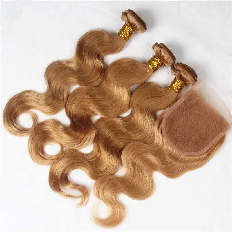 Brazilian Honey Blonde Body Wave Hair Weaves With Lace Closure 27 Strawberry Blonde Human Hair Bundles With Three Middle 3 Part Top Closure