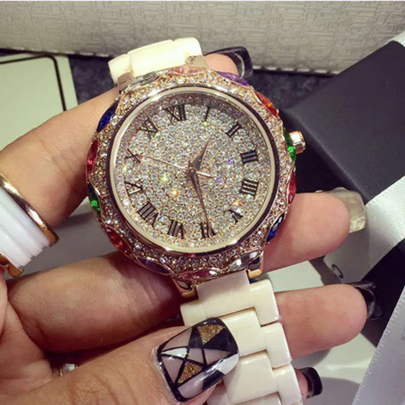Limited Edition!! Royal Watches Luxury Diamond Ceramic Strap Rose Gold Dress Wedding Quartz Wrist Watch Gift For Ladies High quality!