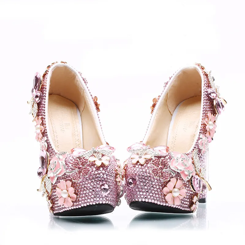 Luxurious Pink Rhinestone Wedding Shoes Bridal High Heels Platforms Crystal Cinderella Prom Party Pumps Plus Size Women Pumps