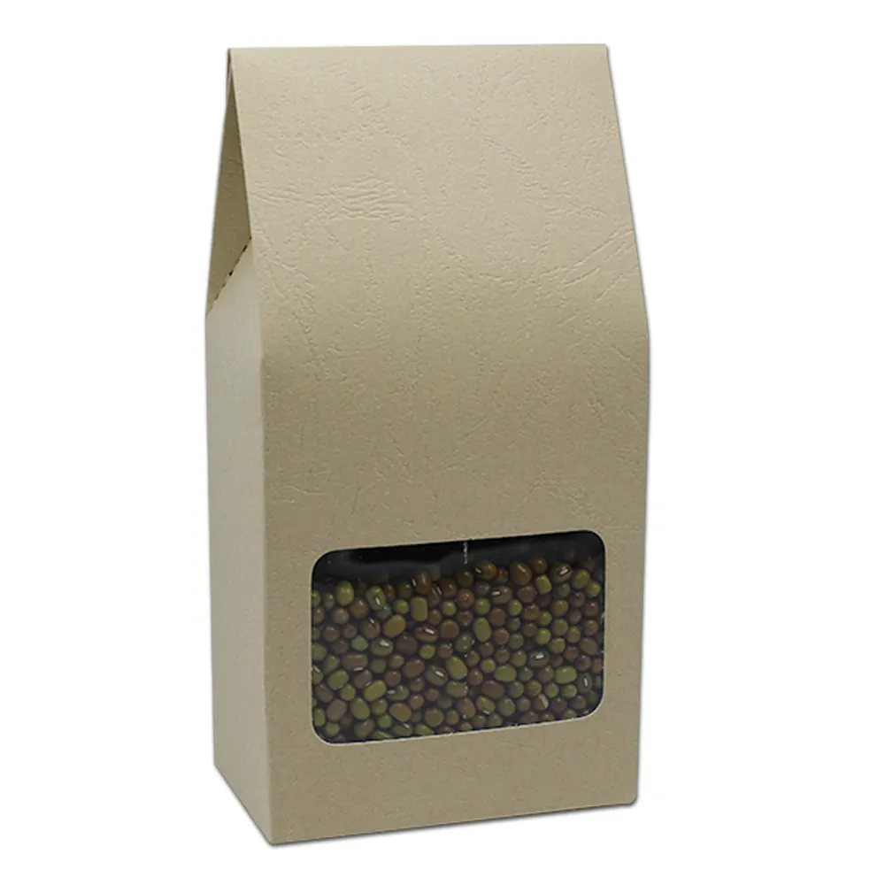 8*15.5+5cm Embossed Kraft Paper Square Bottom Bag Box Bellows Pocket Oragan Bag With Clear Window Gift Food Chocolate Candy Packaging Pouch