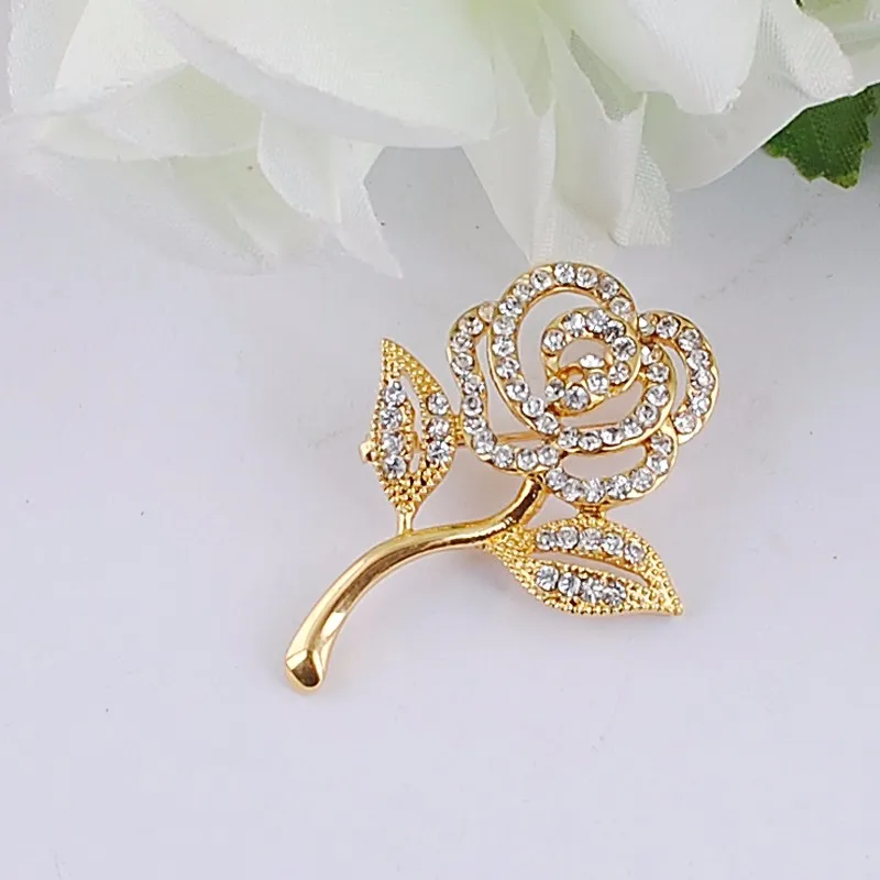 New Arrival Crystal Rose Brooch Gold Plated Elegant Brooches Pins Cute Fashion Jewelry Rhinestone Brooches9507411