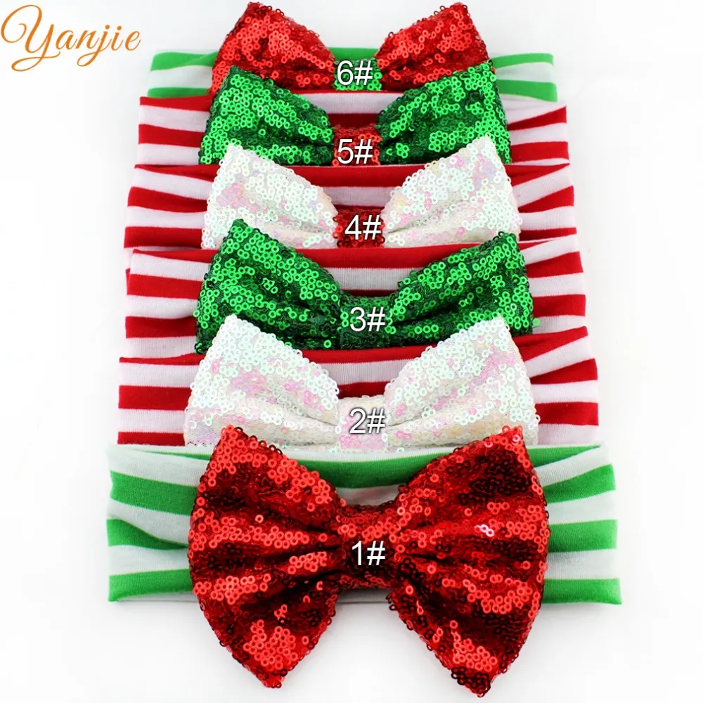 Wholesale- 1PC Retail Chic Christmas Festival Baby Girl 5" Red/Green Sequins Bow Striped Headband New Arrival DIY Hair Accessories Headwrap