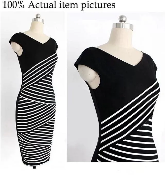 Kvinnor Elegant Slim Sexig Bodycon Dress Cocktail Party Bohemian Casual Dresses Retro Geometrisk Vit och Black Strip Lady's Dress S-XL