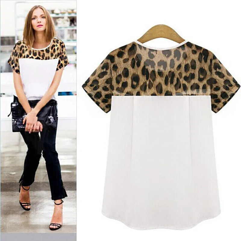 Wholesale- Women T-Shirts Chiffon Leopard Printing Round Neck girl shirts Tops Sexy Cropped T-shirt Short Sleeve female clothing plus size