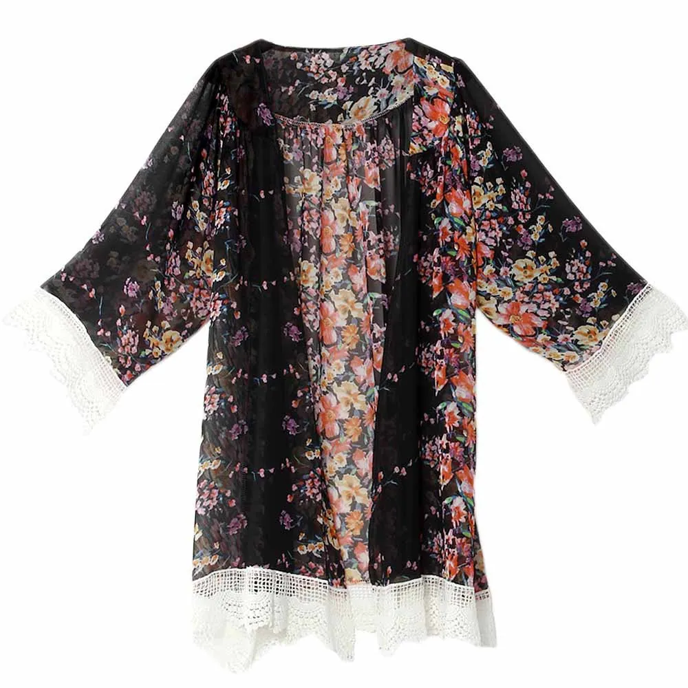 Camicetta in chiffon vintage Big Girl Donna Stampa Kimono Cardigan Orlo sfrangiato Scialle di pizzo Top oversize Capispalla blusas femininas Poncho Capispalla