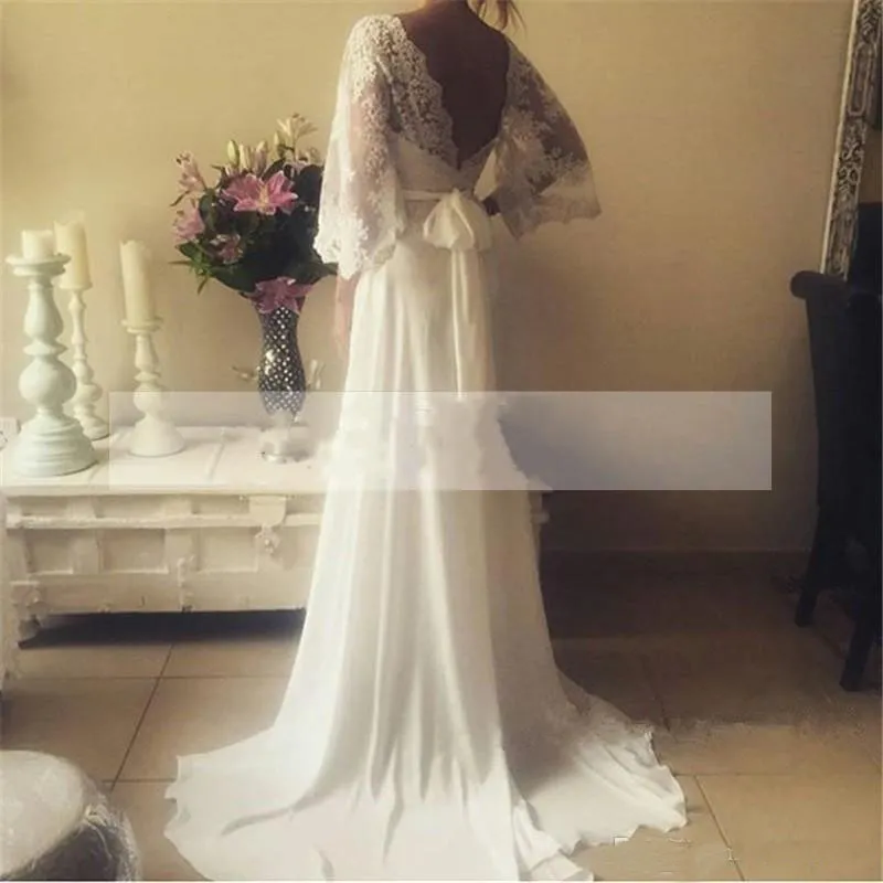 Charming Chiffon Lace Bohemian Wedding Dress 2022 A Line Plunging V Neck Long Sleeves Vintage Boho Greek Style Beach Country Wed Dress