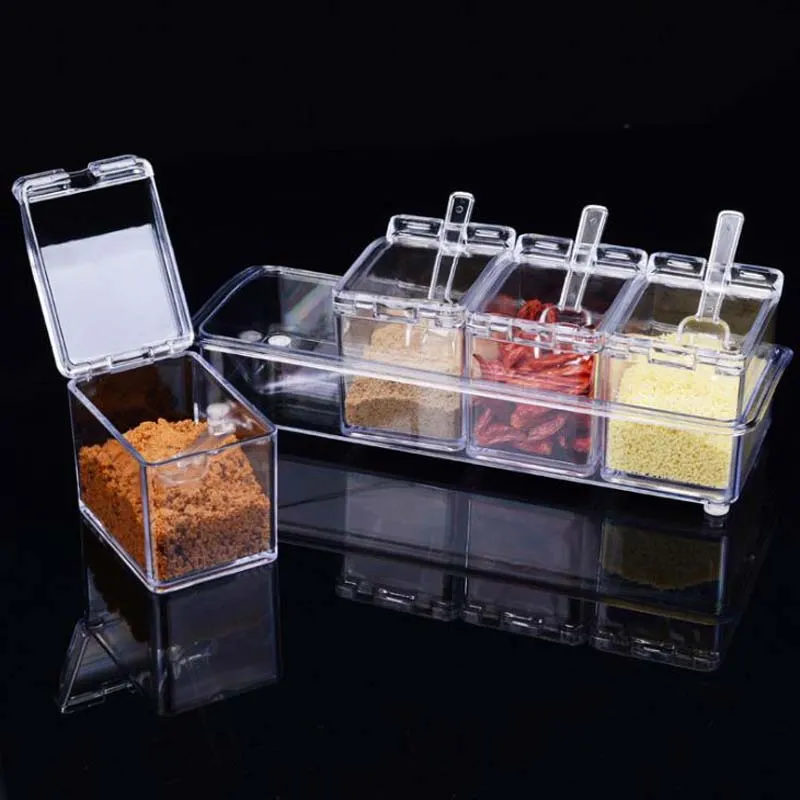 4pc In1 Acrylic Seasoning Box Clear Seasoning Rack Spice Pots Storage Container Condiment Jars Cruet with Cover and Spoon Kitchen essential