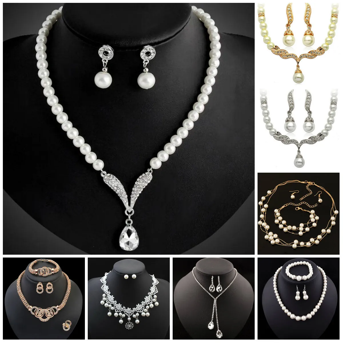 Bruidsmeisje Sieraden Set voor Bruiloft Kristal Strass Traanvormige Mode-sieraden Parelketting hangers Oorbel Partij Sieradensets