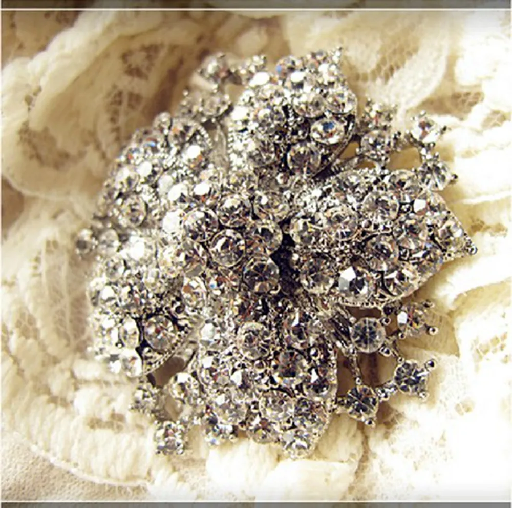 Broche en cristal strass clair plaqué argent, look victorien, broche vintage