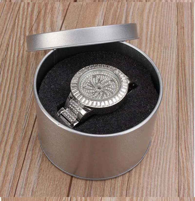 Lägsta silver Round Metal Jewelry Watch Present Box Display Case With Cushion 3 54x2 36 Watch Organizer Box Holder Glitte2011