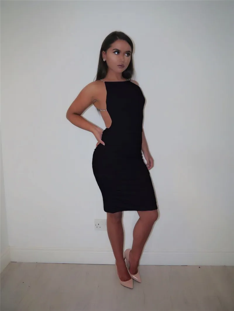 Sexy Bodycon Backless dress with Slash Neck Sequin Chain Knee Length color solid black white Summer