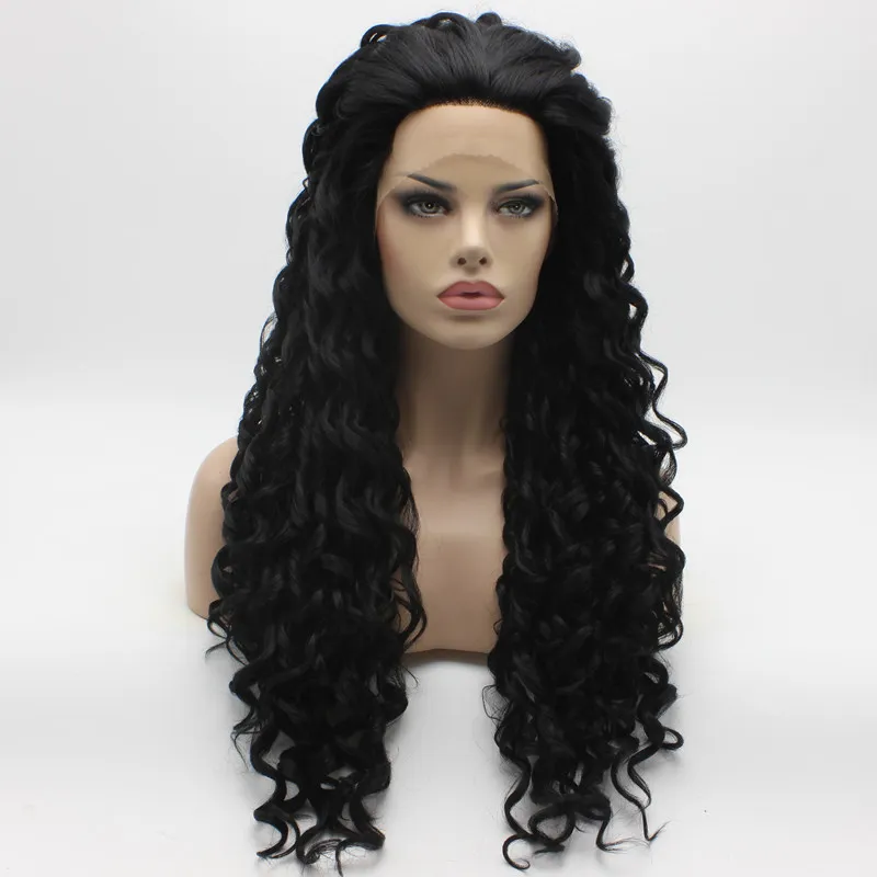 Iwona Hair Curly Long Black Wig 18 # 1 Mitad de mano atada a prueba de calor Sintético Lace Front Daily Natural Wigs