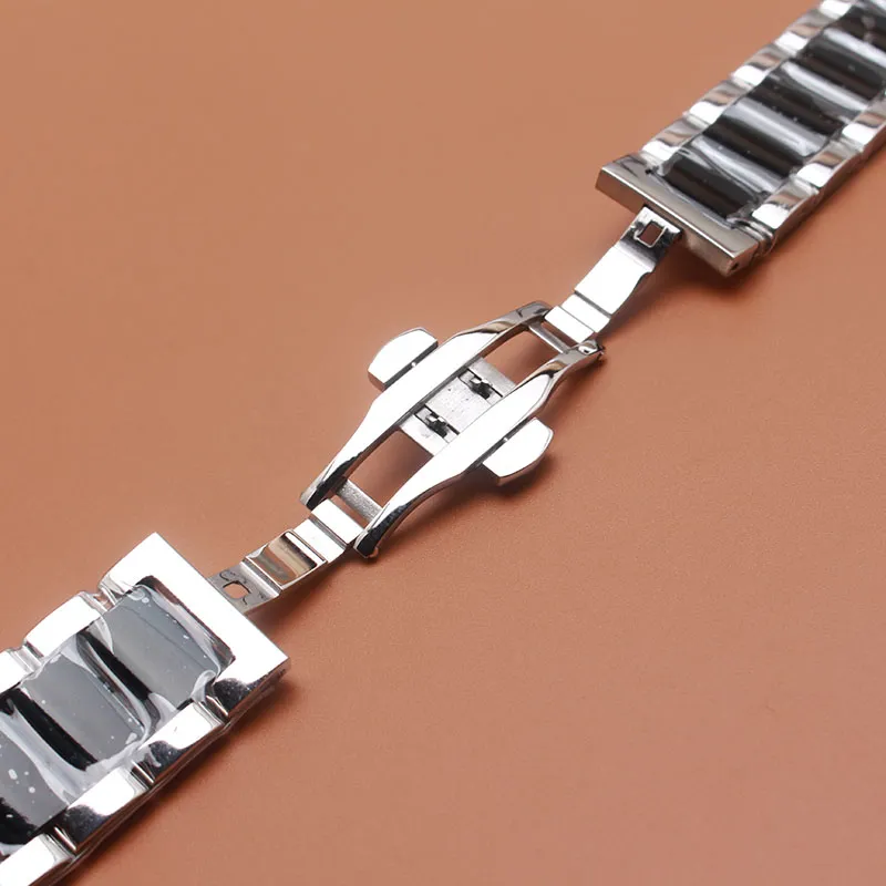 18mm 20mm 21mm 22mm 23 24mm Bracelet de montre avec boucle papillon Couleur argent et noir métal en acier inoxydable poli w2346