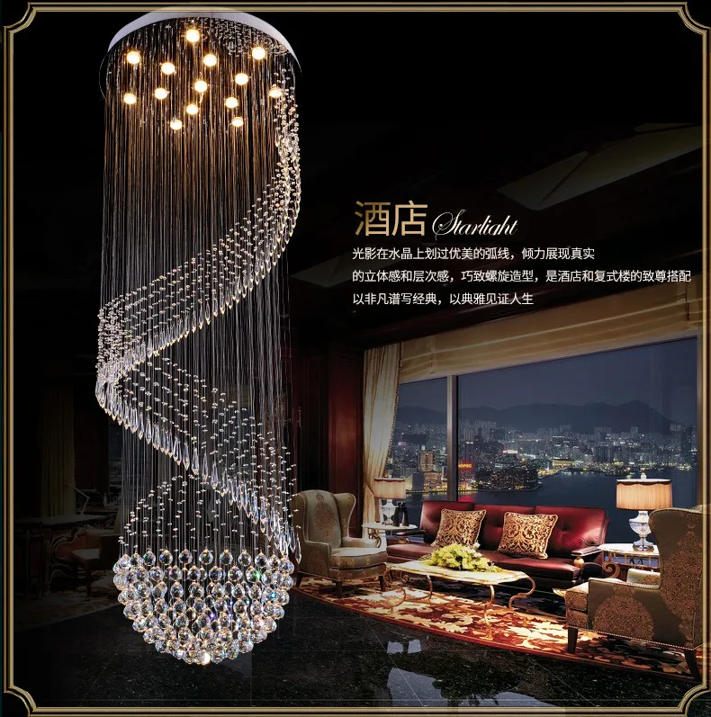 Moderne Kronleuchter LED-Kristall-Kronleuchter-Leuchte, lange Spirale, für Hotel, Villa, Zuhause, Innenbeleuchtung, Wohnzimmer, Lobby, Salon, Hängelampen