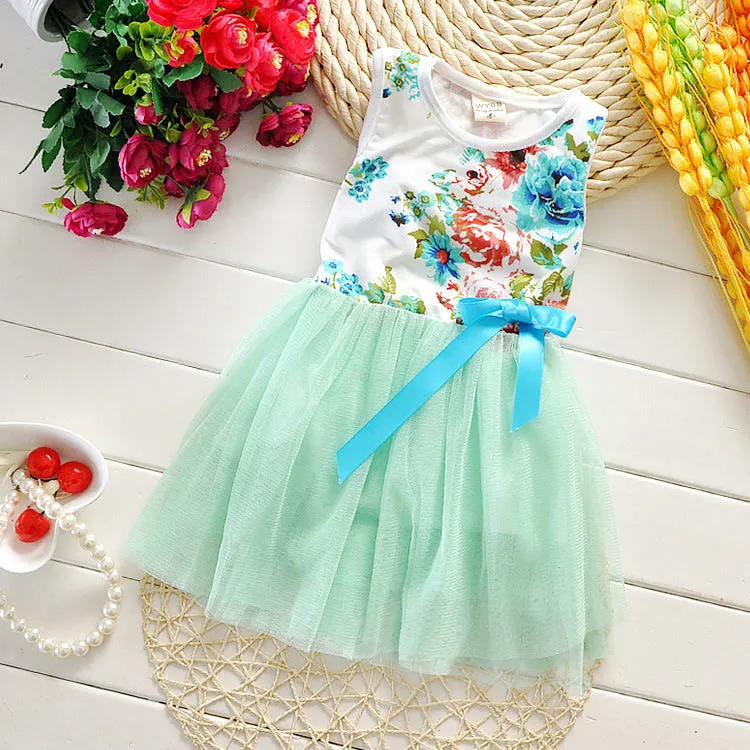 1-5 YRS Girls Floral Tutu Dresses, Summer Cotton Tulle Sukienka, Baby Kidded Party Odzież, 5BB406DS-93