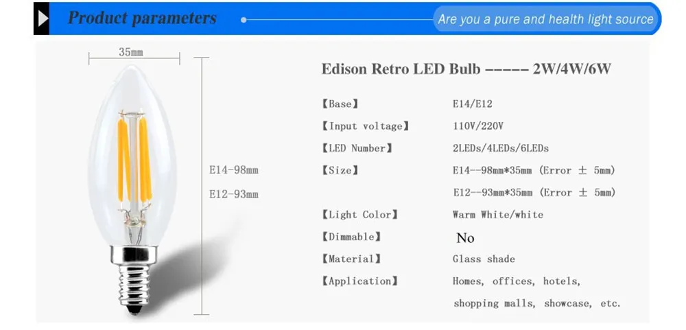 E14 E12 LED Light 110V / 220 V 4W Żarówka świeca Lampa Świeca Retro Edison Szklana Kryształowe Żyrandole