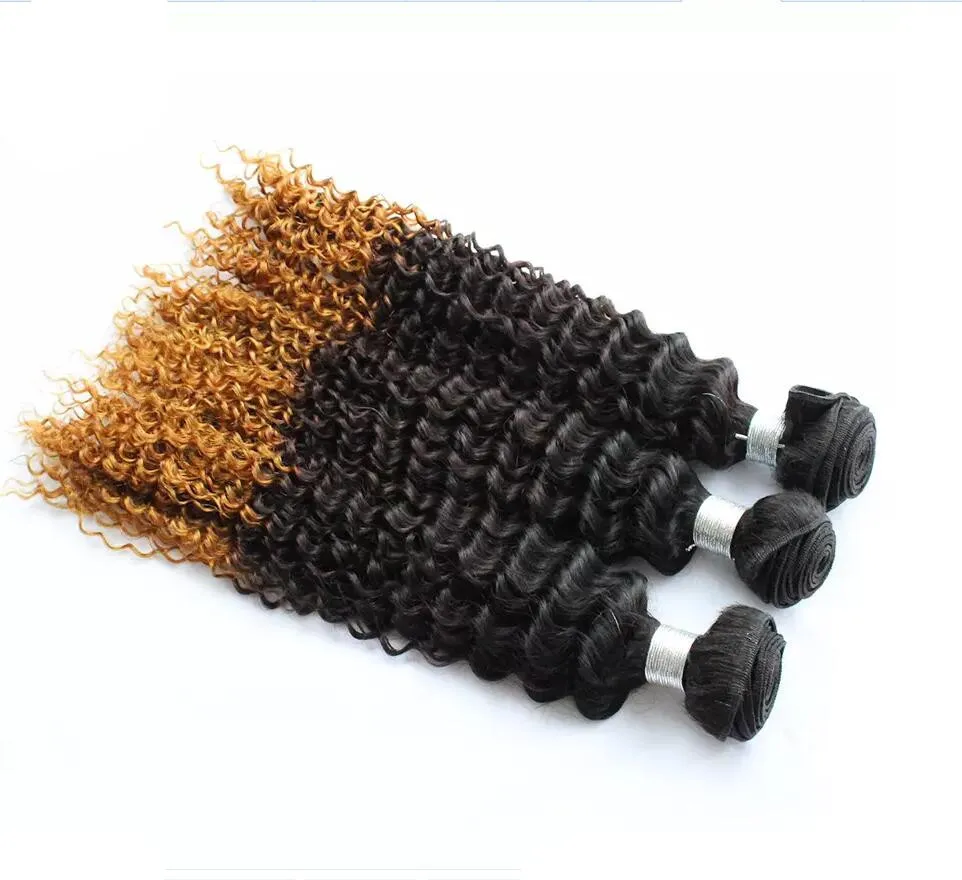 Paquetes de cabello humano de onda profunda de Ombre 3 tonos de color # 1b 4 27 Extensiones de cabello rizado profundo rubio miel Cabello rubio castaño 3 UNIDS / lote