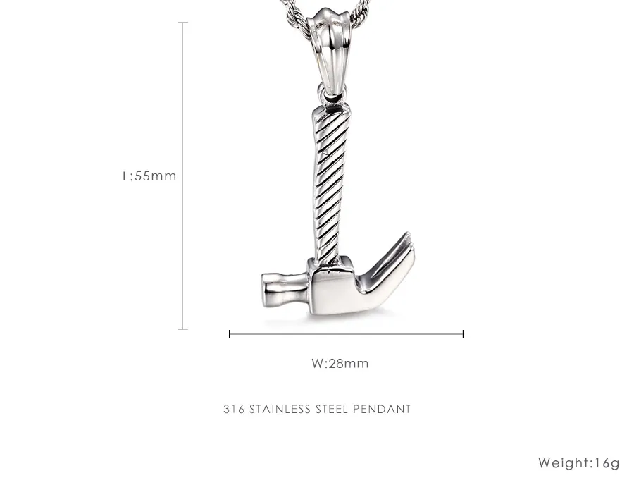 Fantastici regali Ciondolo a martello in fusione di acciaio al titanio freddo Gioielli da uomo Collana in argento catena 4mm * 22 