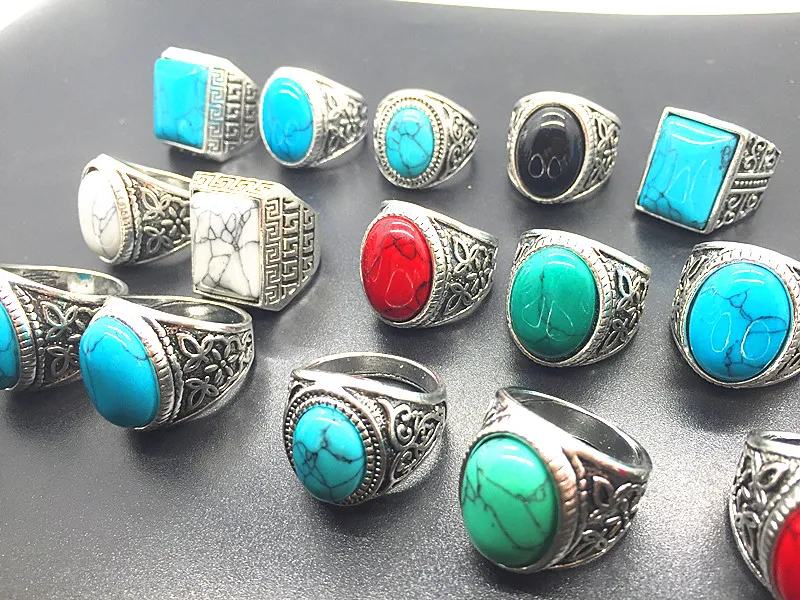 Turquoise Gemstone Ring Mix Style Antique Silver Vintage Stone Anneau pour homme Femmes Bijoux entiers 7027365