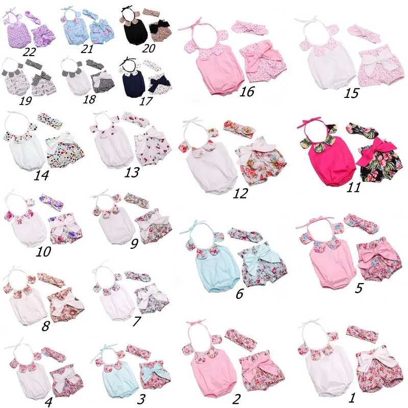 Pagliaccetto della neonata Pagliaccetti di cotone floreale petalo + Pantaloncini di bowknot + Fascia di orecchio di coniglio infantile 3pcs Set tute per bambini estate Tuta infantile C478