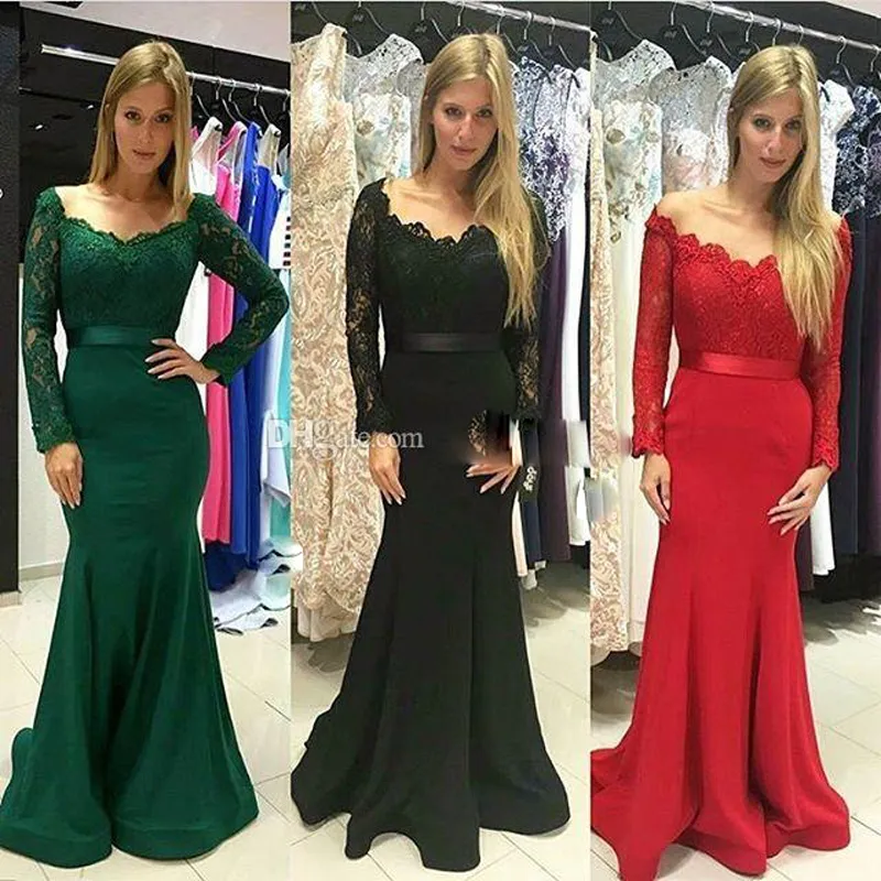 Donkergroene zeemeermin prom jurken v-hals lange mouwen kant satijnen sweep trein goedkope prom dresses met sjerp 2017 elegante formele jurken