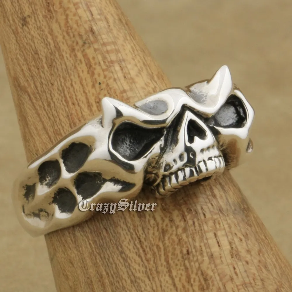 Brand LINSION 925 Sterling Silver Skull Ring Mens Biker Punk Ring TA14 US Size 7~14