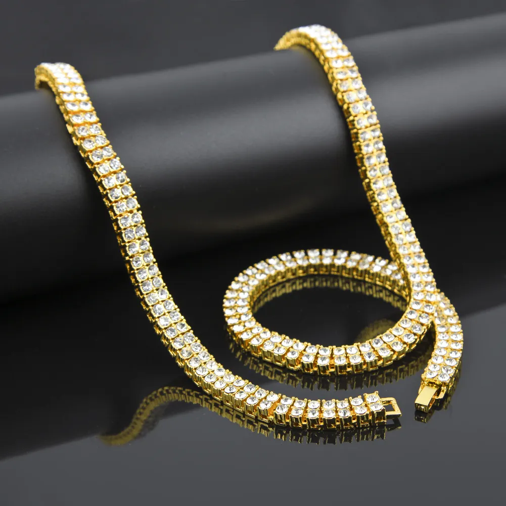 Men Gold Silver Black 2 Row Diamond Simulated Tennis Chain Necklace 7mm men hip hop jewelry Iced Out Punk Necklace239R