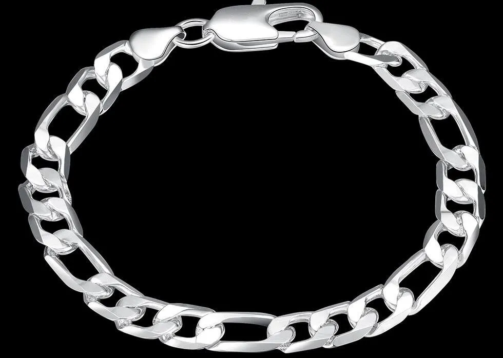 Traditionskedja Högkvalitativ topp Försäljning Plating Mäns Smycken 925 Silver 8mm Flat Figaro Chain Armband Mäns Armband 20cm 10st