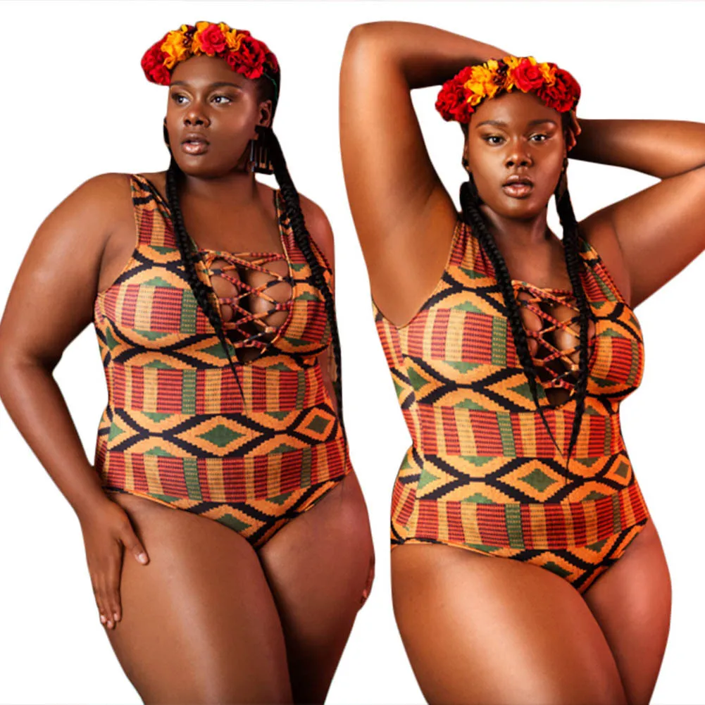 Traje de baño africano Retro Tallas grandes Traje de baño Halter dorado Traje de baño de una pieza para mujer Traje de baño de gran tamaño recortado feminino monokini biquinis