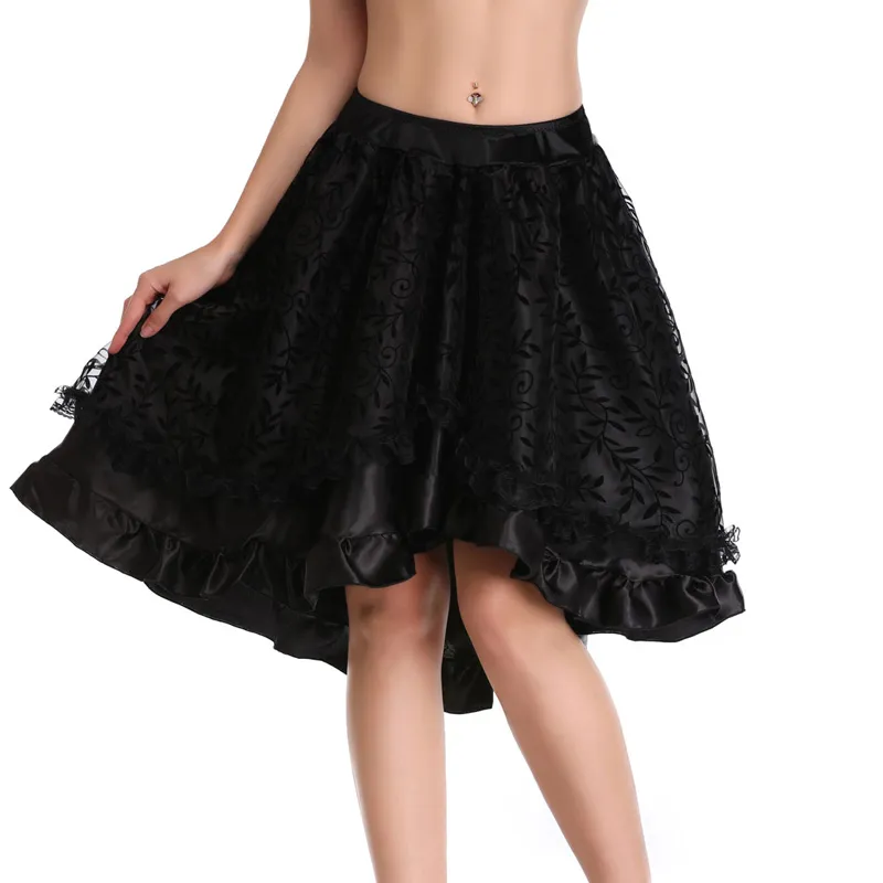 Steampunk Gothic Black Floral Flocking Tule en Geprupled Victoriaanse Rok Dames Voorzijde Korte Back Lange Asymmetrische Rokken 8537