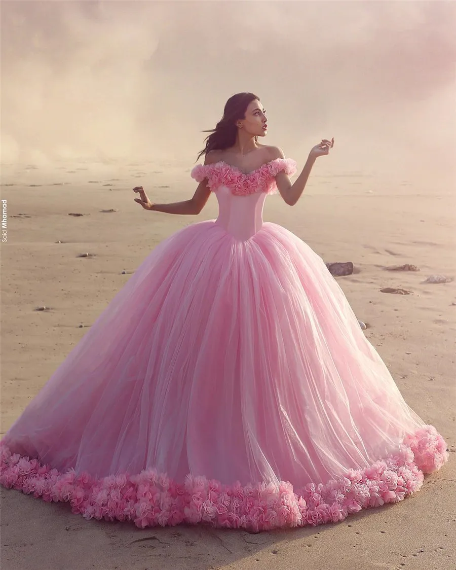 Saidmhamad Off The Shoulder Hand Made Flowers Pink Ball Gowns Beach Bridal Dress with Color Wedding Dress Vestidos de Noiva4136873